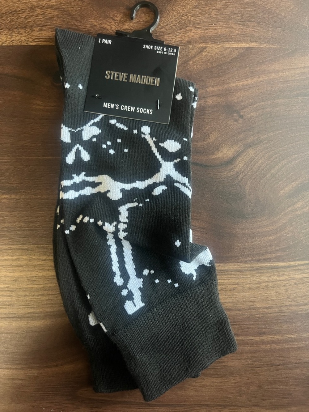 Steve Madden Black Crew Socks with White Abstract Pattern